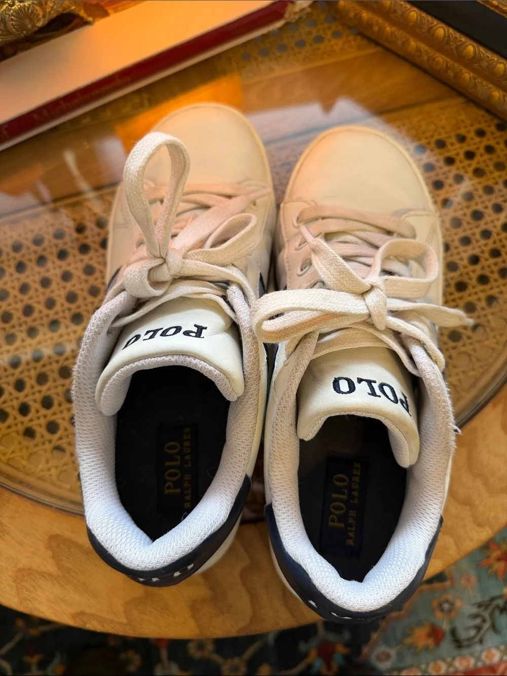 Polo by Ralph Lauren Kids White Sneakers with Navy Stripe and Bear